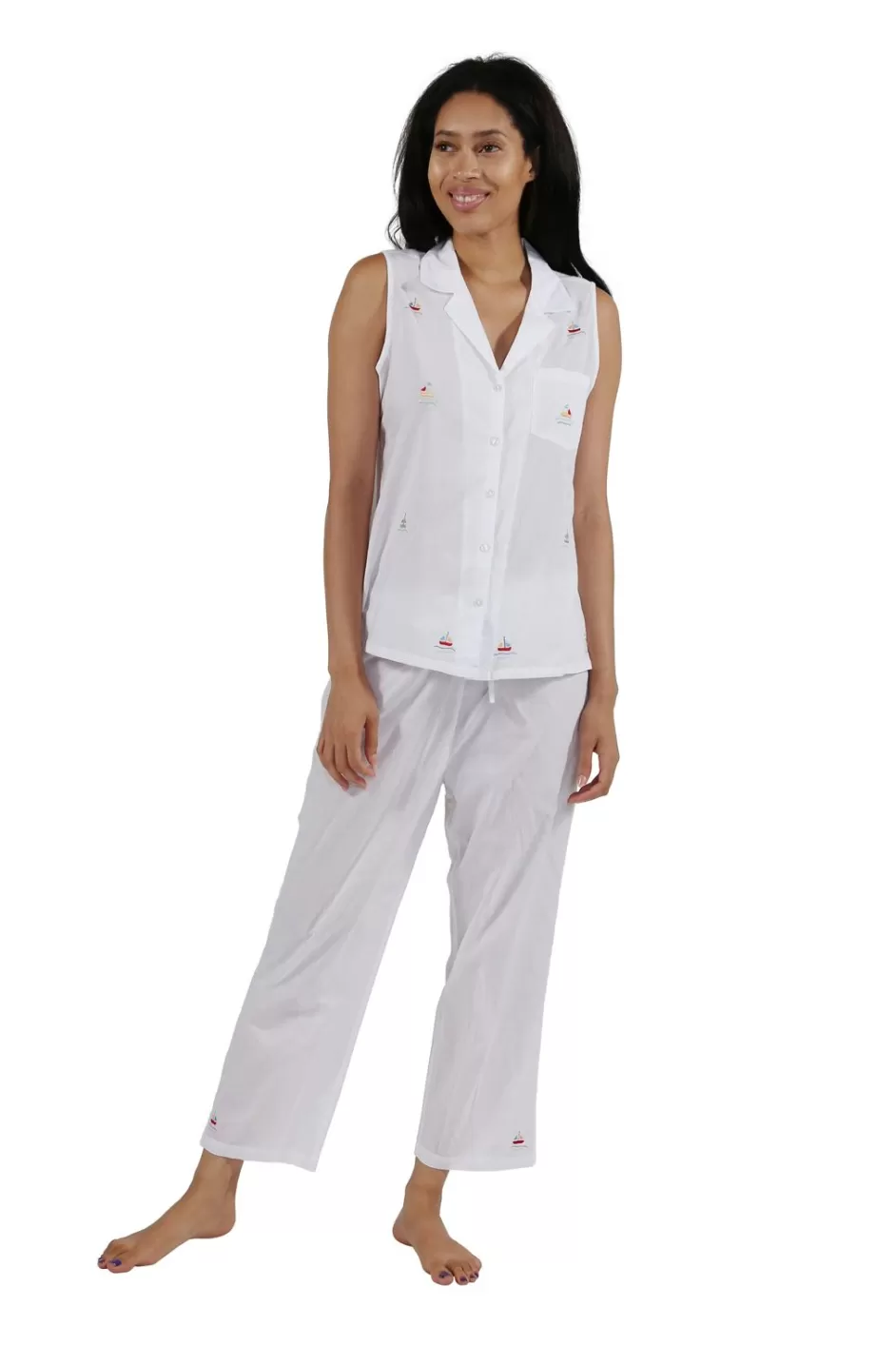 Best Sale 100% Cotton Sleeveless Embroidered Sailboat Capri Pajama Set Pajamas
