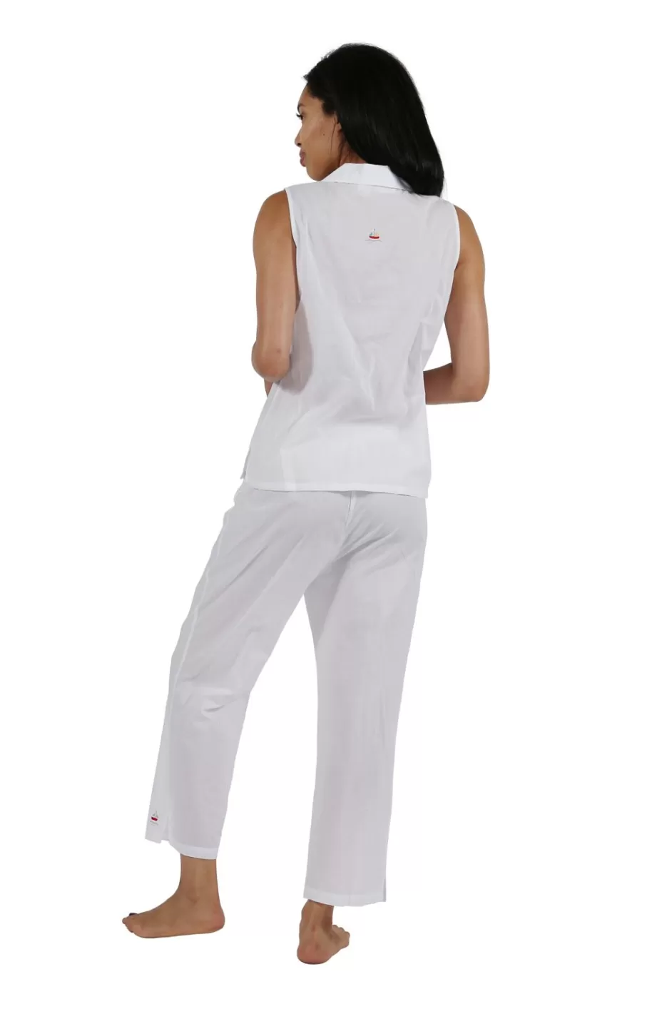 Best Sale 100% Cotton Sleeveless Embroidered Sailboat Capri Pajama Set Pajamas