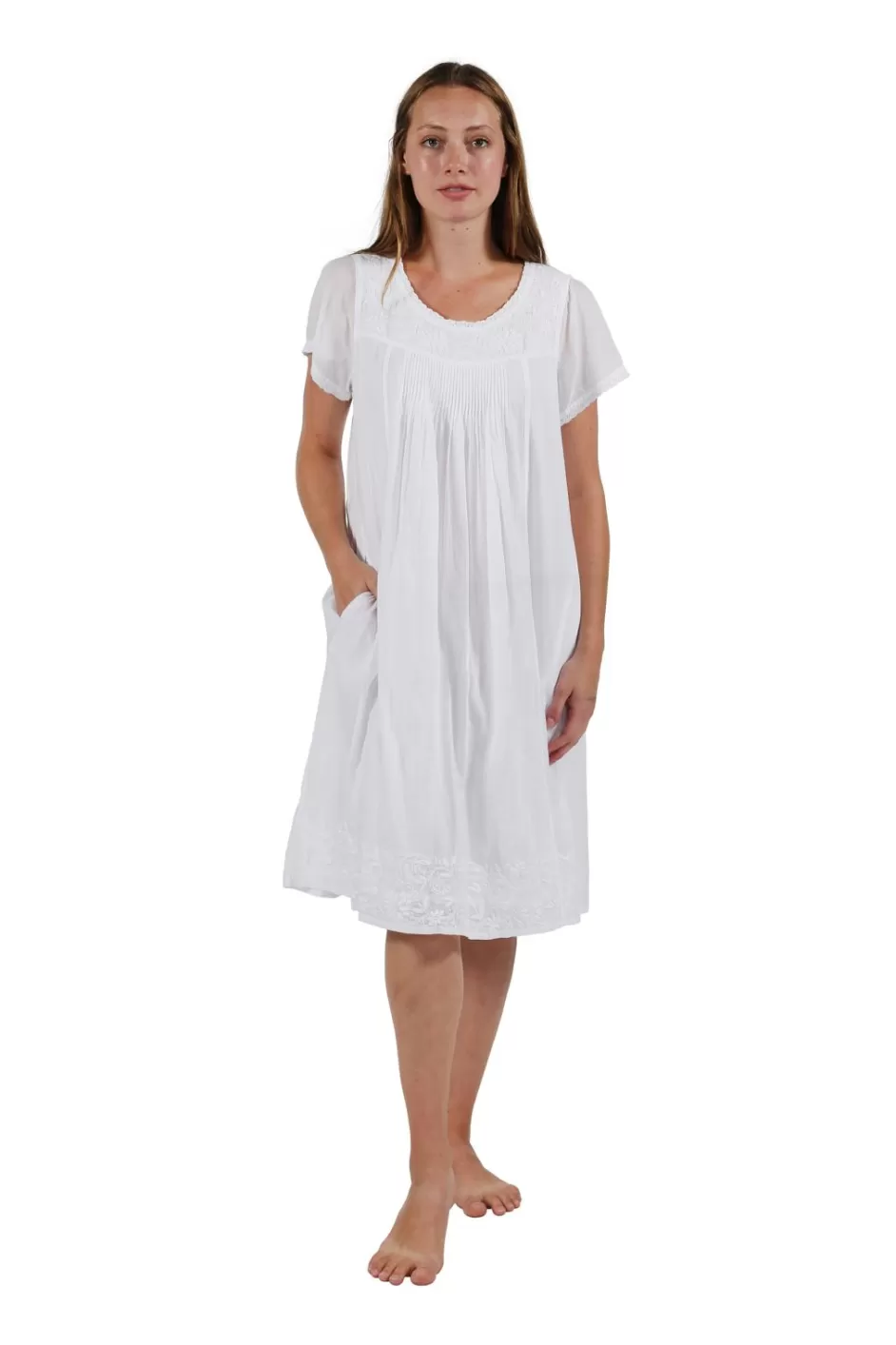 Best Sale Cap Sleeve 100% Cotton White Embroidered Chemise Chemises