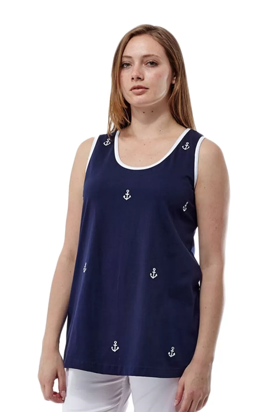 Cheap Cotton Knit Tank With Anchor Embroidery - Plus Size Plus Tops