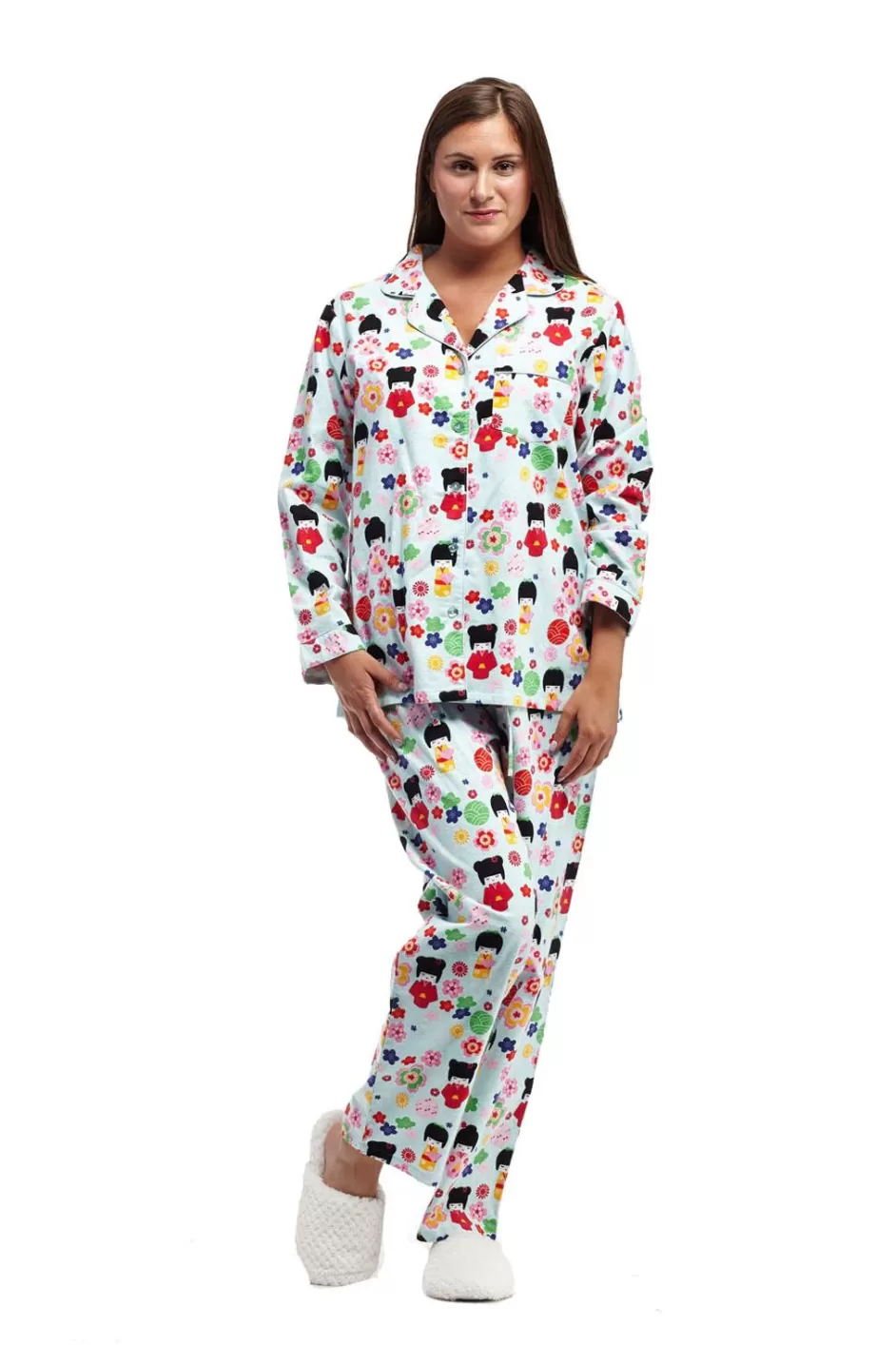 Store La Cera Long Sleeve Printed Flannel Pajama Set Pajamas
