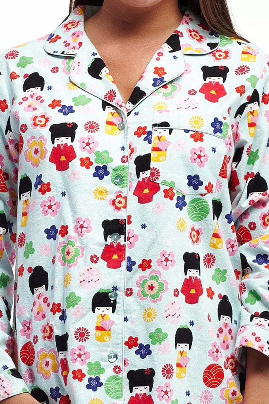 Store La Cera Long Sleeve Printed Flannel Pajama Set Pajamas