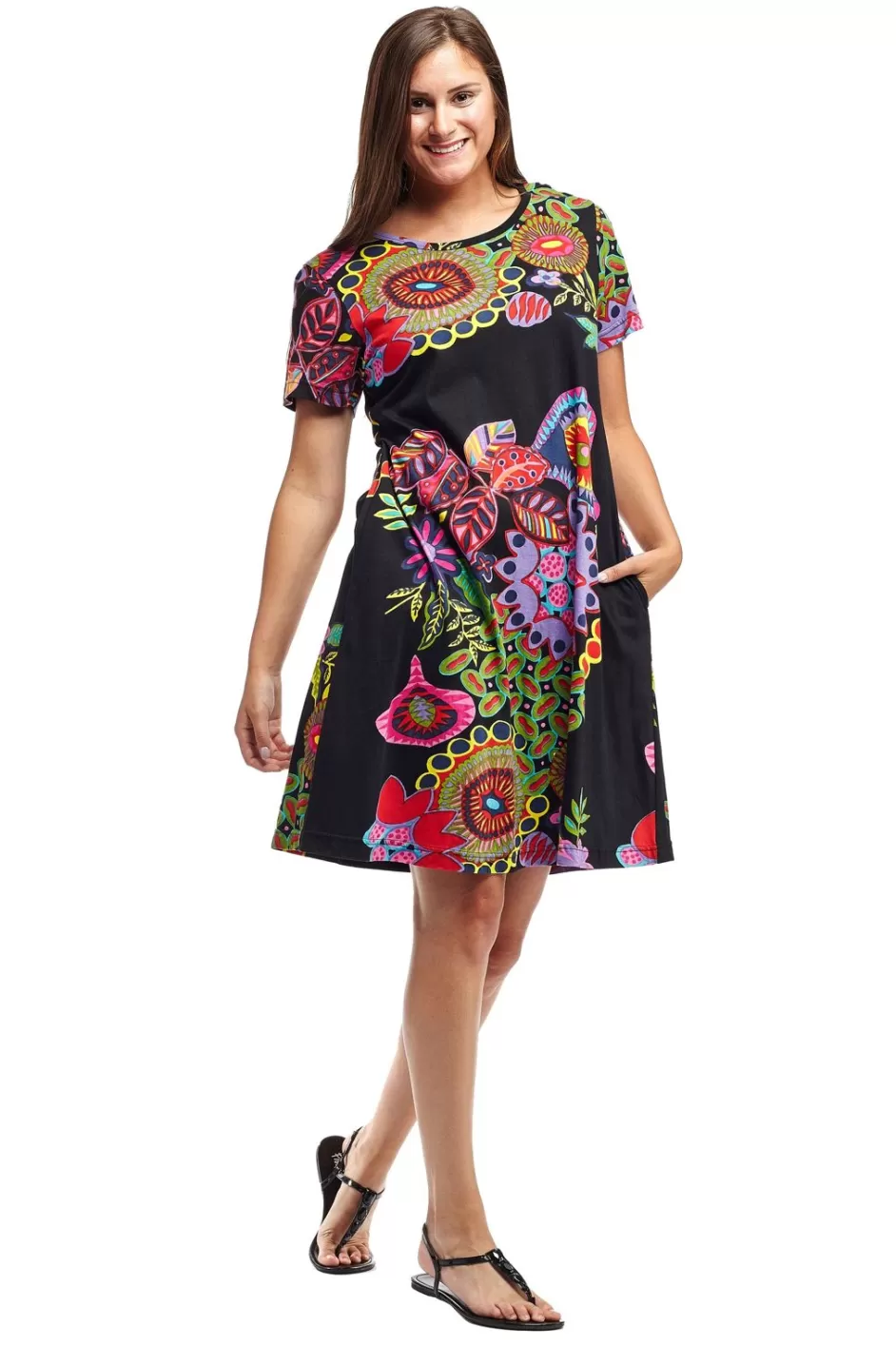 Discount La Cera Novelty Floral Print Short Sleeve Dress Knit Dresses