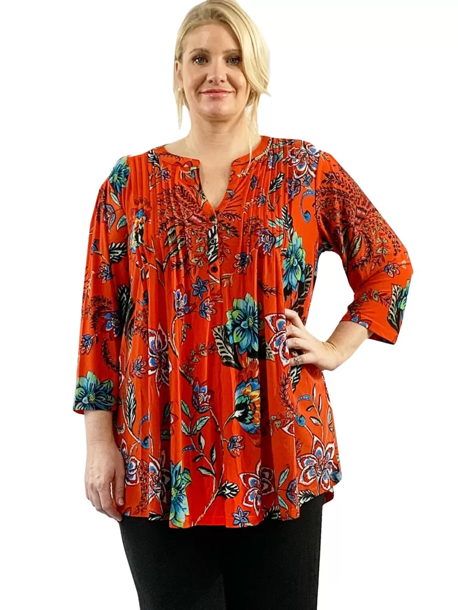 Cheap Plus Size La Cera Mandarin Floral Print Tunic Plus Tops