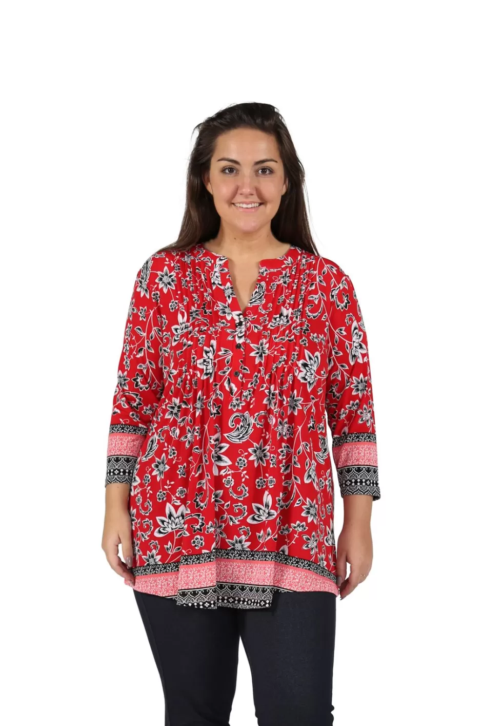 Best Sale Plus Size La Cera Pleat Front Printed Tunic With Border Print Plus Tops